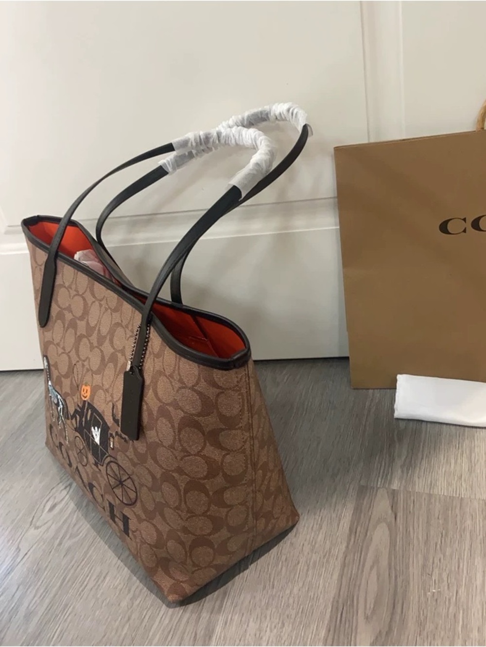 Coach Brown Signature Tote with Black Trim and Halloween Carriage Motif - Picture 5 of 7